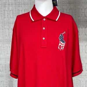 NWT 1XB Polo Ralph Lauren Button Up Collar Shirt Sleeve Shirt Red USA Flag